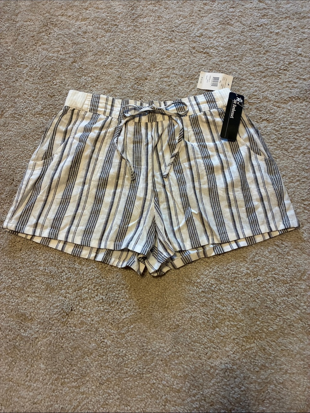 Joe Benbasset Striped High-Waist Drawstring Shorts - White & Black